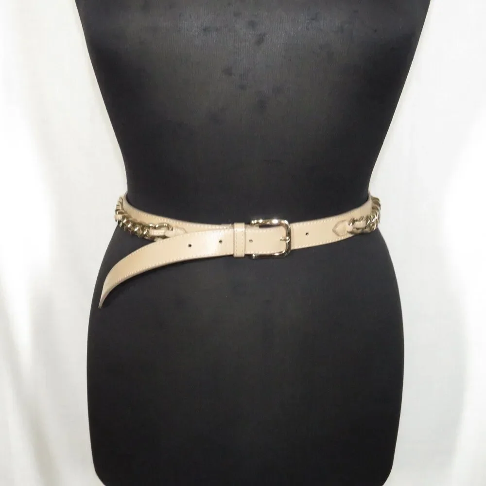 Women's Tan Faux Leather Gold Chain Detail Belt 34-38 Inch Waist Size XL